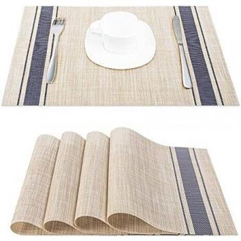 Placemats, ARTAND, Table Mats, Set of 4, Blue, Woven Vinyl, Non-Slip Heat-Resistant Washable Place Mats