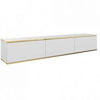 Mueble TV Lima 124, Blanco y Dorado, 175x30x32cm, Sistema de Apertura Push to Open, 3 Puertas