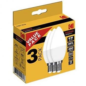 PACK 3 X BOMBILLA KODAK LED VELA C37 E14 480LM CALIDO 3000K 6W40W NO REGULABLE