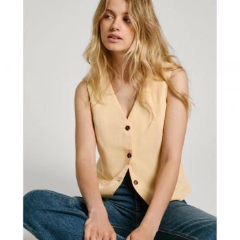 Pepe Jeans Chaleco de Mujer Aditi 037CORNISH YELLOW con cuello pico y cierre abotonado