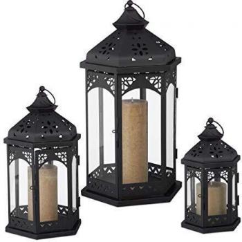 Set de 3 Farolillos Decorativos Vintage para Exterior e Interior, Hierro y Cristal, Color Negro, 3 Tamaños