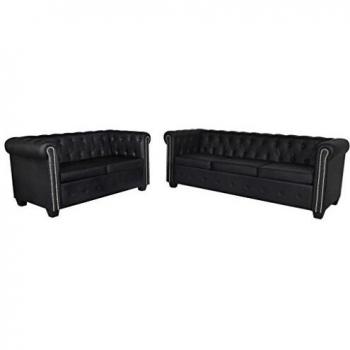 vidaXL Set Sofás Chesterfield 2 y 3 Plazas Negro Revestimiento Cuero Artificial