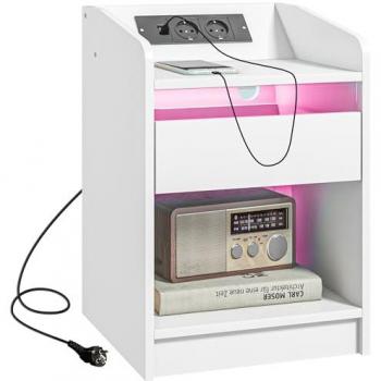 Mesita de Noche Homcom con Luces LED, Cajón, Estante, Estación de Carga, Puertos USB y Control Remoto - 40x40x58 cm - Blanco