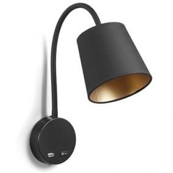 Aplique Lector Montecarlo E27 60W Algodón Negro USB IP20 - Iluminación de Calidad para Interiores