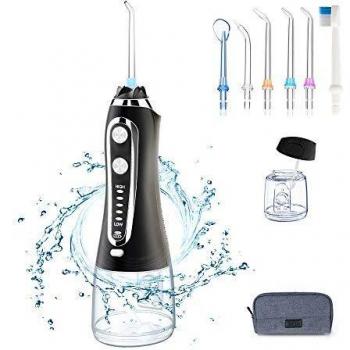 Irrigador Bucal Portátil, Irrigador Dental con 5 Modos 6 Boquillas 300ML, Irrigadores con USB Recargable, IPX7 Impermeable para Higiene Dental Limpieza Dental en Hogar/Viaje/Oficina