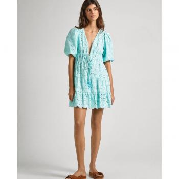 Vestido Delia Azul Pepe Jeans - Diseño corto con detalles calados y mangas abullonadas