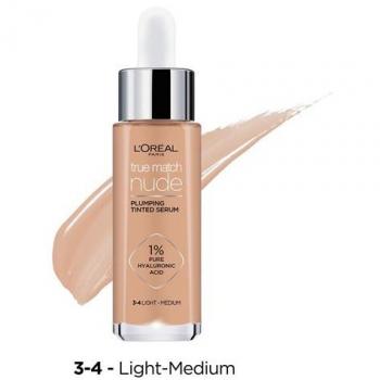 L’Oréal Paris True Match Nude Plumping Tinted Serum, serum to even out skin tone, shade 3-4 Light Medium, 30 ml