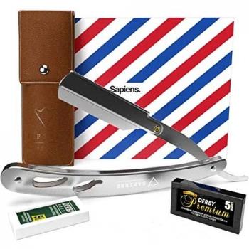 Navaja de Afeitar de Barbero de Sapiens - Accesorio Profesional de Afeitado y Cuidado de Contorno de Barba con 10 Cuchillas Derby