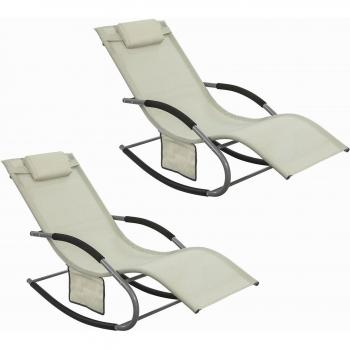 Set de 2 Sillas Mecedoras para Exterior - Beige con Cojín y Bolsa Lateral