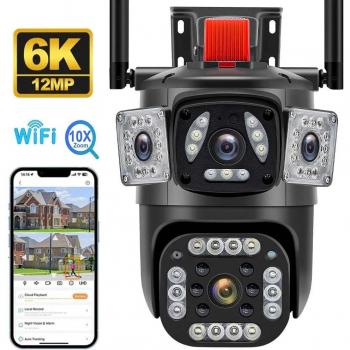 Cámara IP PTZ 12MP 6K con Lentes Múltiples, Tres Pantallas, Seguimiento Automático, Detección Humana y Seguridad Inalámbrica CCTV