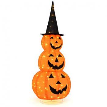 5FT LED Lighted Collapsible Stacked Pumpkins with Witch Hat Halloween Decoration