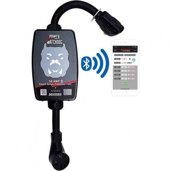 Hughes Power PWD50EPO Blue - 50 Amp Hughes Autoformer Power Watchdog Bluetooth Smart RV Surge Protector with Automatic Shut Off (Emergency Power Off) in Black