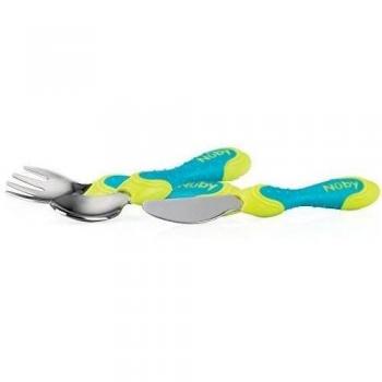 Nuby ID5433AQUA - Set cuchara, tenedor y cuchillo de acero inoxidable, 12+ m, color agua