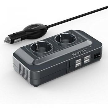 BESTEK Inversor de Corriente 200W, Transformador 12V a 220V con 4 Salidas USB, 2 AC Tomas Y Encendedor, Convertidor Onda sinusoidal con Protección para Barco, Caravana,Coche