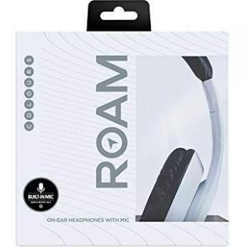Roam Colours On Ear Plus - Auriculares con cable, micrófono, control remoto de volumen, acolchado antideslizante, ligeros, duraderos, ideales para viajar, acabado mate de goma, color negro blanco