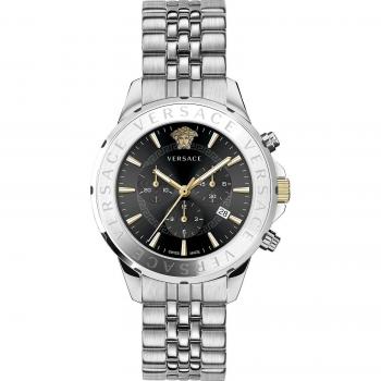 Versace Chronograph Signature Steel Black Dial Watch - Gray Male, Size: ONE SIZE