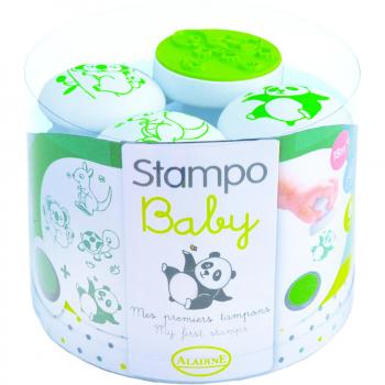 Sellos de goma StampoBaby - Animales exóticos - 4 piezas + almohadilla de tinta verde - Para niños