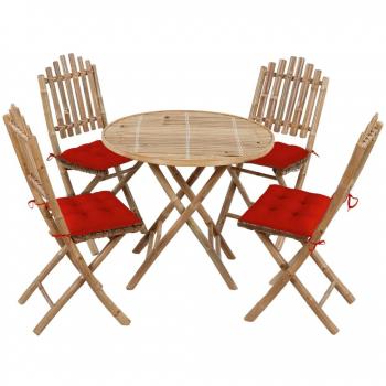 Set de almuerzo de jardín plegable de 5 piezas con cojines de bambú