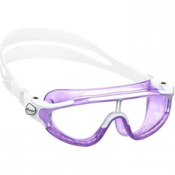 Máscara de natación Cressi King Baloo lila/blanco, características: diseño ergonómico, lentes de policarbonato, hebillas ajustables, sellado hipoalergénico en la cara, visión panorámica