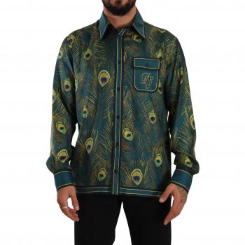Dolce & Gabbana Green Peacock Feather Print Silk Pajama Mens Shirt, Multicolor, Size: L