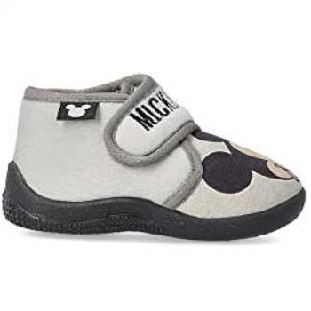 Zapatilla de casa botita velcro Mickey Mouse con interior 100% algodón, suela antideslizante, color gris claro, talla 24 EU