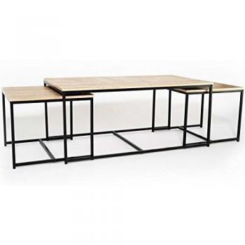 Lote de 3 mesas de centro nido Detroit 113 cm diseño industrial metal y madera