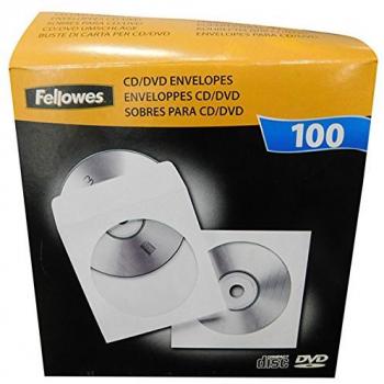 Fellowes - Pack de 100 Sobres de Papel para Disco óptico CDs/DVDs, Color Blanco
