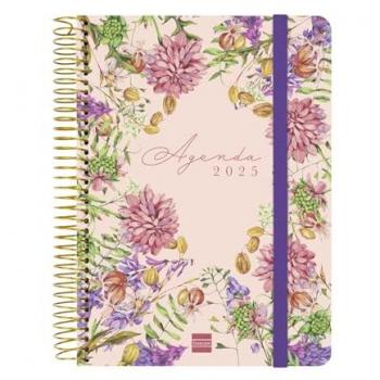 Agenda Cloe 2025 Finocam, espiral, 1 día por página, tamaño E10 (155x212 mm), color negro y rosa, idioma español, periodo de enero a diciembre de 2025 (12 meses)