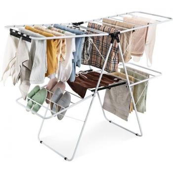 Tendedero Plegable de 2 Niveles con Alas Ajustables y Marco de Acero - Secador para Ropa, Zapatos y Manteles, Blanco