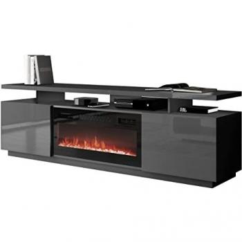 Mesa de TV Charlotte 151, Grafito Brillante, 180x56x40cm, con 2 Puertas y Chimenea Eléctrica