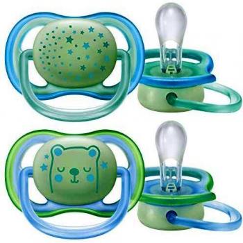 Philips Avent SCF376/11 - Pack de 2 chupetes Ultra Air Nocturno que brilla en la oscuridad, tetina suave para 0-6 m, apta para la piel sensible, con estuche de esterilización, color verde y azul