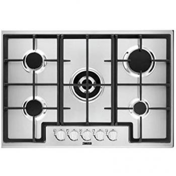 Zanussi ZGH76524XS Placa de gas, 5 fuegos, Mandos frontales, Quemador Wok, Calor Instantaneo, Entendido electrónico, Parrillas hierro fundido, Termopar de Seguridad, Antihuella, Inox, 75 cm