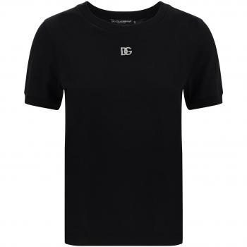 Dolce & Gabbana Women's Black Crystal Logo Cotton T-Shirt, Size 42/S, Round Neck