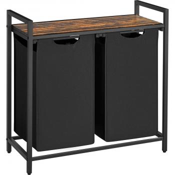 Cesto doble para ropa sucia con estante 2x46 litros, marco metálico, bolsas de tela oxford extraíbles, dimensiones 73x33x72 cm, disponible en marrón rústico, negro o blanco