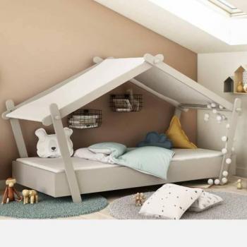 Cama Dormitorio Infantil Casita con Somier 223x130x102 cm, Original beige y techo de tela