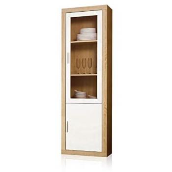 Vitrina Nuka 2 puertas, melamina, acabado en Cambria y Blanco, medidas: 60 cm (largo) x 193,2 cm (alto) x 34,6 cm (fondo)