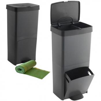 Cubo de Basura Vertical 70L (40L+30L) con 2 Compartimentos, Separador de Residuos, 100% Plástico y 20 Bolsas de Basura Adaptadas de 40L - Negro