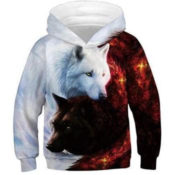 SunFocus Hoodie White Boys 3D Print Casual Manga Larga Double Fox Wolf Animal Pattern Autumn Black Pullover Sudaderas con Capucha para Fiestas Vacaciones M