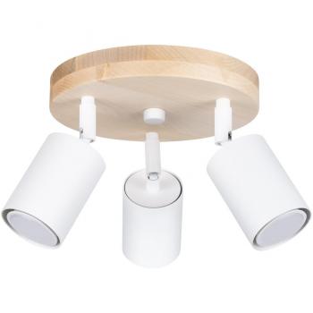 Plafón Verdo 3P Blanco con listón escandinavo de madera, acabado blanco, compatible con 3 bombillas GU10, dimensiones de 33 cm de longitud en tubo metálico