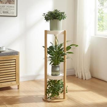 Soporte para Plantas Sastamala de 3 Niveles en Bambú y Plástico - 80 x 31 x 31 cm - Color Natural y Blanco