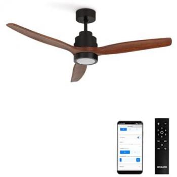 Ventilador de Techo 40W Silencioso Ø132 cm con WiFi, Luz y Mando, 6 Velocidades, Función Invierno/Verano, Motor Negro y Aspas de Madera Oscura - Create