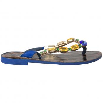 Dolce & Gabbana Blue Crystal Calf Leather Beachwear Shoes - EU36/US5.5, Flip Flops, female, Blue, Size: 6 US Leopard Print Gemstone Thong Sandals