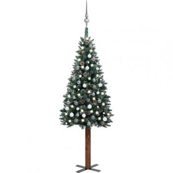 Árbol de Navidad artificial delgado con LEDs y bolas verde 210 cm