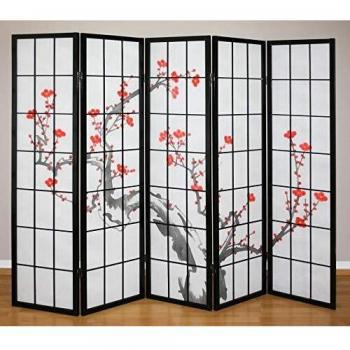 Biombo japonés de 5 paneles en madera negra 220x175 cm
