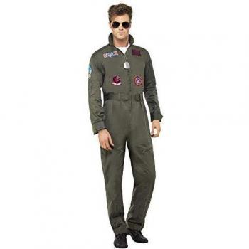 Smiffys-26855L Licenciado oficialmente Disfraz deluxe de chico de Top Gun, con mono, placas de identificación y, color verde, L-Tamaño 42-44