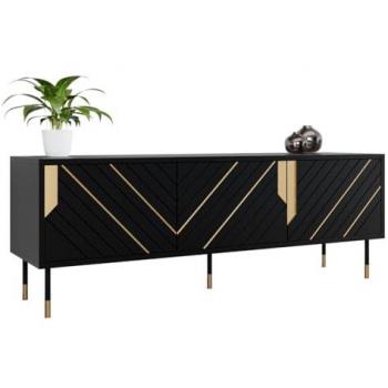 Mueble TV Charlotte P103, dorado y negro, 154x55x40cm, con sistema de apertura push to open