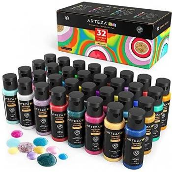 Arteza Pinturas témperas para niños | Caja de 32 botes de 60 ml | Pintura lavable para carteles y manualidades | Para pintar con esponja o con los dedos | Incluye neón, purpurina y fosforescente