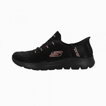 Skechers Women's Summits Classy Night Slip-On Sneakers in Black with Gold Trim