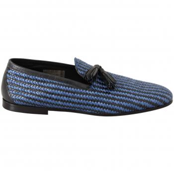Blue Woven Leather Tassel Loafers Shoes - Elegant Woven Leather Loafers - EU44/US11, Dolce & Gabbana, Loafers, male, Blue, Size: 11 US