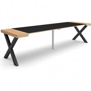 Mesa Consola Extensible 300 cm para 14 Comensales, Patas de Madera Maciza, Estilo Moderno en Roble y Negro